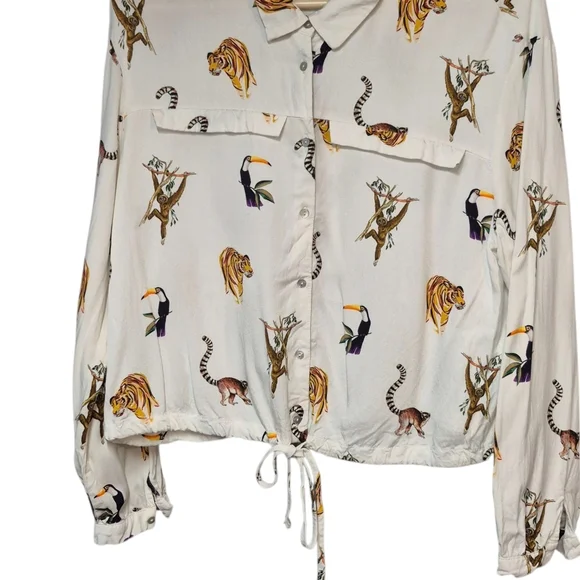 Zara Animal Print Cropped Blouse Top Button Up Medium - Picture 3 of 11